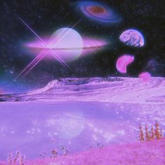 an alien landscape with planets and stars in the sky