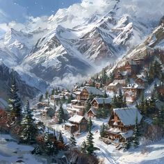 a painting of snow covered mountains and houses