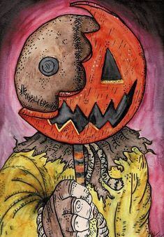 a drawing of a scarecrow with a pumpkin on his head