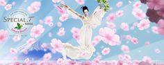 a woman is jumping in the air with pink flowers