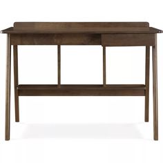 a wooden desk with two drawers on one side and an open shelf at the top