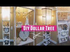 three different pictures with the words diy dollar tree lamp shelf all real wood