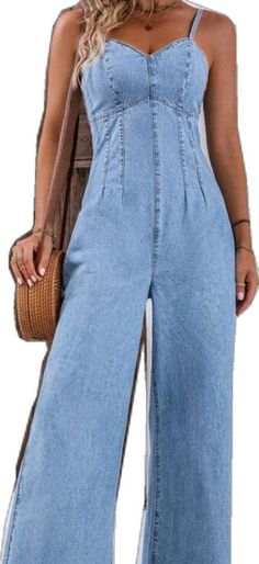 Chic Medium Wash Jumpsuits And Rompers With Pockets, Chic Medium Wash Denim Jumpsuit With Pockets, Chic Light Wash Denim Jumpsuit For Spring, Chic Denim Jumpsuit With Pockets, Chic High Waist Cotton Overalls, Spring Denim Overalls For Day Out, Spring Day Out Denim Overalls, Spring Day Out Medium Wash Overalls, Chic Medium Wash Wide Leg Denim Jumpsuit