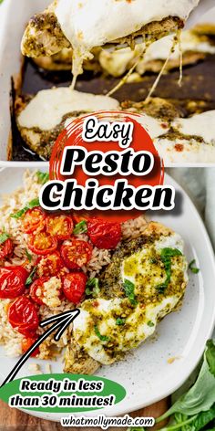 an advertisement for the easy pesto chicken recipe on a plate with rice and tomatoes