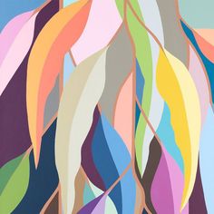 an abstract painting with multicolored leaves