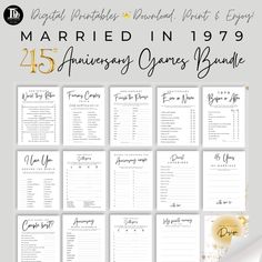 the wedding anniversary games bundle is shown with gold and black lettering on it, which reads married in 1970