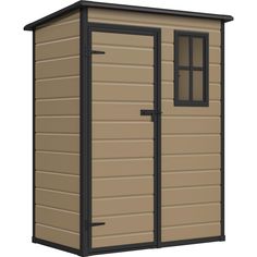 a brown storage shed with the door open