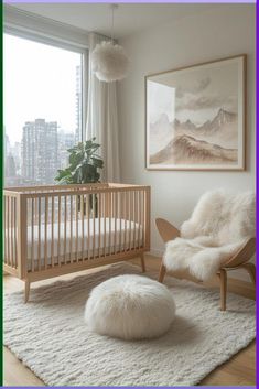 a baby's room with a crib, chair and rug