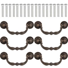 an assortment of metal handles and knobs