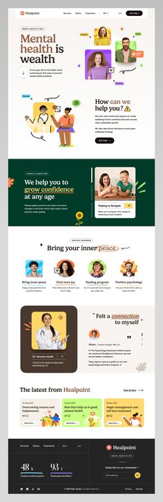 the website design for mental health is shown in green and yellow colors, with an image of