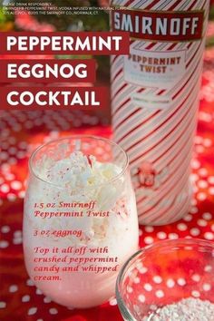 an advertisement for peppermint eggnog cocktail on a table with other drinks