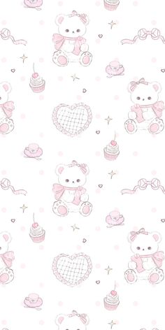 a pink teddy bear wallpaper with hearts and cupcakes on the bottom right hand corner