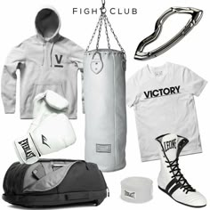 a group of items that include boxing gloves, hoodie, and t - shirt