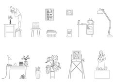 a line drawing of different types of furniture and decor in black and white, including a chair, table, desk with lamp, potted plant on it