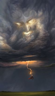 a painting of a person flying in the sky with lightning coming out of their eyes