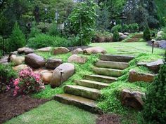 there are many steps that lead up to the grass covered lawn in this garden area