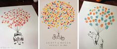 three cards with different designs on them, one has a bicycle and the other has balloons