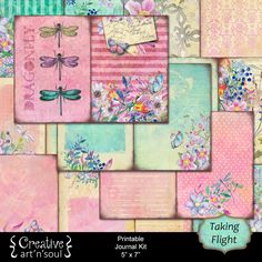 a collage of pink, blue and green papers with dragonflys on them