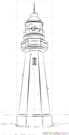 a drawing of a lighthouse in the middle of a field