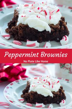 homemade peppermint brownies with white frosting and candy canes on top