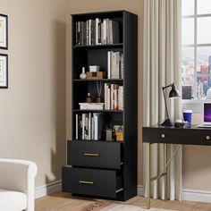 a black bookcase with drawers in front of a window