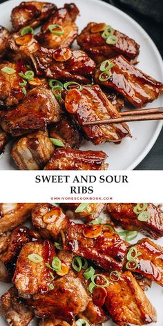 sweet and sour ribs on a plate with chopsticks