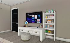 a living room with a tv and shelves filled with personal care products on the wall