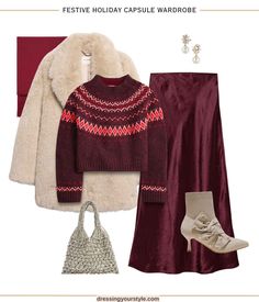 Festive holiday outfit with burgundy red maxi slip skirt, fair isle sweater, beige faux fur coat and pearl bow ankle boots, curated on LTK. Beige Faux Fur Coat, Winter Festival Outfit, Pearl Bow