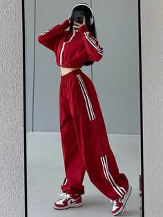 Women's Loose Sweatpants Set One Piece Outfits, Loose Sweatpants, Red Joggers, Red Trousers, Straight Clothes, Tracksuit Pants, Zip Up Sweatshirt, Red Suit, Pant Sets