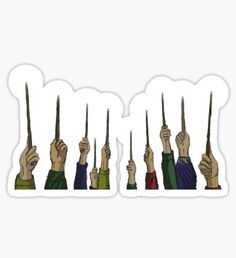 six hands holding up the same sticker