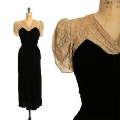 "Stunning rare Antique Vintage 1930s black velvet lace dress  Soft rayon velvet with faux buttons down front with side metal zipper  Beige / light brown floral lace yoke lined in silk with shoulder pads  Faux pearl seed beads & prong set rhinestones  Pull over fit in great vintage condition for age, once had attached belt that was cut off (see photos) made very well  M e a s u r e m e n t s: Size: fits like a S M Bust: 17 1/2\" Waist: 15 1/2\" Hips: 19 1/2\" Total length: 53 1/2\" Sleeves: 9 1/2\" Fabric: rayon velvet + lace  Label: unbranded  +All Measurements are taking while garment is lying flat+ i n s t a g r a m: cali_vintage_usa" Victorian Style Fitted Vintage Evening Dress, Velvet Vintage Dress For Vintage Events, Elegant Vintage Dress With Lace Sleeves For Vintage Events, 1920s Velvet Dress, Vintage Velvet Dress With Fitted Bodice, Black Velvet Lace Dress, 1930s Lace Dress, Vintage Black Velvet Dress, 1930s Bias Cut Dress