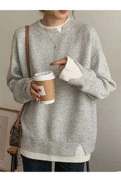 Gray Casual Graphic Tops Round Neck Long Sleeve Solid Sweaters Casual Work Sweater, Casual Tops With Cozy Fit, Relaxed Fit Sweater Women, Office Casual Sweater, Cheap Winter Tops For College, Affordable Comfy Winter Tops, Cheap College Tops For Fall, Trendy Sweaters Women, Casual Sweater For Leisure