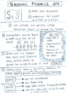 a handwritten diagram for teaching phonics sets with instructions to use letters in a story