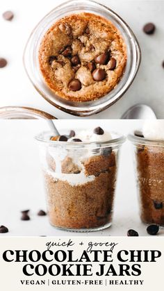 chocolate chip cookie in a glass jar with spoons next to it and text overlay that reads vegan gluten free healthy