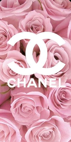 pink roses with the word chanel on it in front of an image of flowers