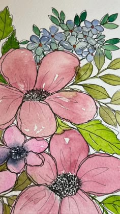 watercolor painting of pink flowers and green leaves