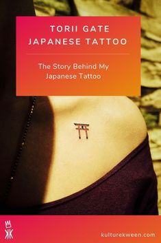 the back of a woman's shoulder with japanese tattoos on it and an orange background