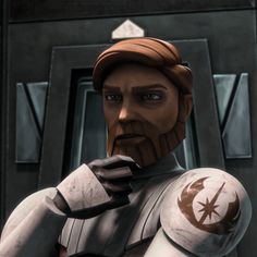 an animated star wars character in front of a door with his hand on his chin