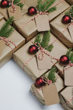 christmas presents wrapped in brown paper and tied with twine