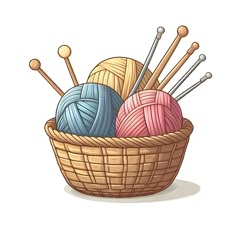 two balls of yarn and knitting needles in a basket