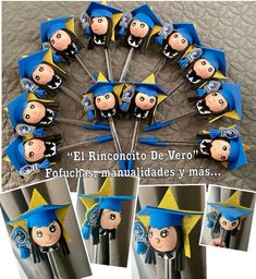 a bunch of blue and yellow hats on top of each other with sticks in front of them