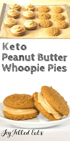 keto peanut butter whoopie pies on a white plate with the title overlay