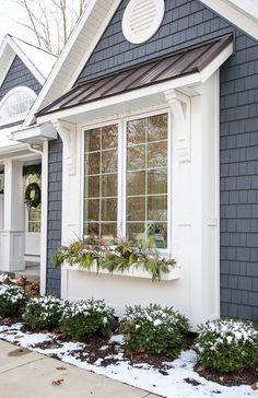 a house with snow on the ground and plants in the window sill below it