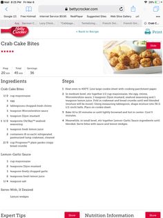 the recipe page for crab cake bites is shown in this screenshote screen shot