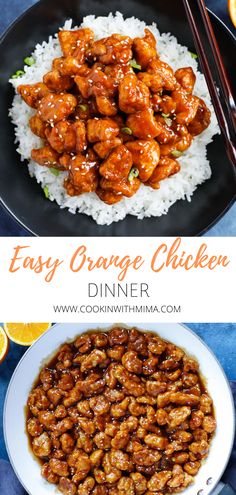 an orange chicken dinner with rice and chopsticks on the side, next to a plate