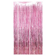 pink foil fringe curtain hanging from the ceiling