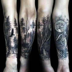 three different tattoos on both arms with trees and animals in the woods at night time