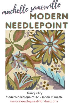 a poster with an image of flowers and leaves in blue, green, brown, yellow and white colors