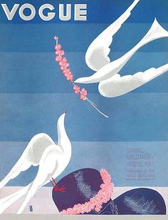 a poster with two white birds flying in the sky and flowers on each side of it