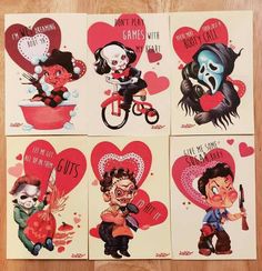 four valentine cards with cartoon characters on them